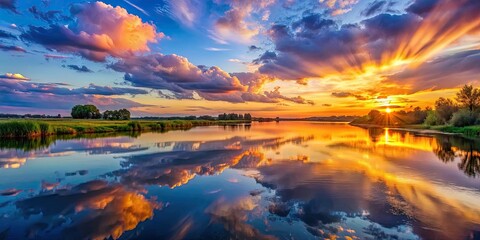Wall Mural - colorful sunset over wide river, with twilight rays and clouds reflected in calm water, sunset, sunr
