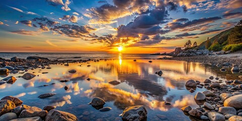 Wall Mural - sunset reflecting off the water at a rocky beach, sunset, water, reflection, rocky beach, ocean, dus