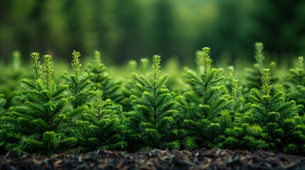 Wall Mural - Vibrant Green Conifer Saplings Growing in Lush Nursery During Bright Daylight