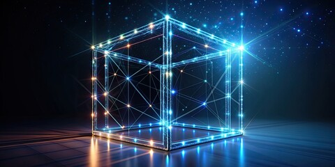 Wall Mural - abstract cube wireframe hologram with glowing lines and dots, empty, cube, room, rendering, abstract, wireframe, hologram