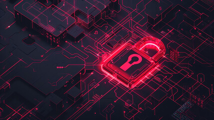 system hack illustration with a red broken padlock and cybersecurity breach alert.