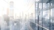 © TheseusStock - A panoramic view of an office building's glass facade, showcasing the city skyline in soft focus on a white background. The window glows with sunlight and highlights the architectural details.