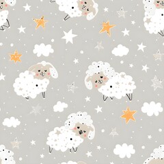 Canvas Print - Cute Sheep and Stars Seamless Pattern