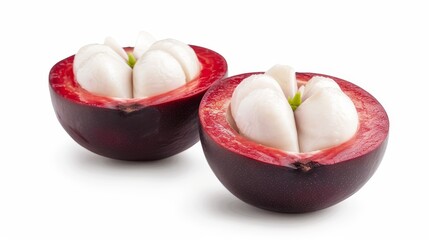 Fresh mangosteen halves, displaying juicy white flesh and deep purple rind. Isolated on a pristine white background, highlighting the fruit's vibrant colors