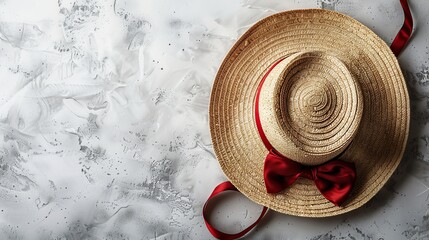 Canvas Print - Straw Hat with Red Ribbon on a Grey Background