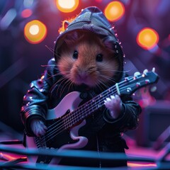 Poster - A hamster wearing a leather jacket plays an electric guitar. AI.