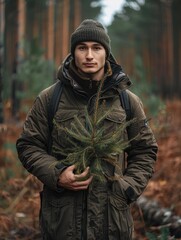 Canvas Print - A man in a forest holds a pine branch. AI.