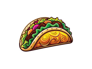 Playful taco icon with colorful abstract swirls, cartoon style, bright colors.