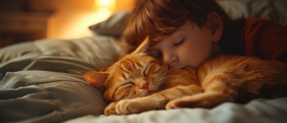 Poster - A child and a cat sleep soundly together in bed. AI.