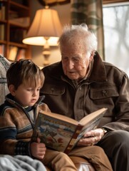 Sticker - A young boy listens intently as an older man reads a book to him. AI.