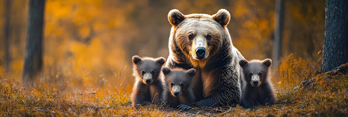 a serene scene of a mother bear with three adorable cubs, showcasing the beauty of wildlife and fami
