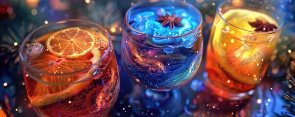 Colorful cocktails with citrus slices and ice, creating a vibrant and refreshing ambiance for gatherings or celebrations.