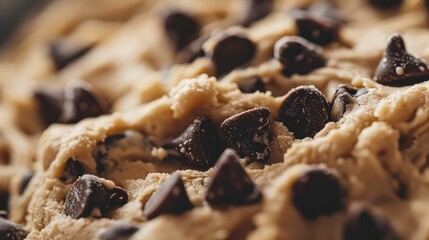 A close-up view of chocolate chips embedded in a light-colored dough, possibly cookie dough. The chips are scattered throughout the dough, creating a visually appealing and delicious-looking texture.