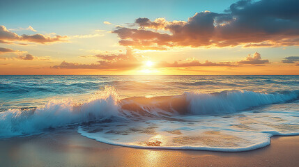 Wall Mural - Beautiful seascape with waves and sunset on the beach