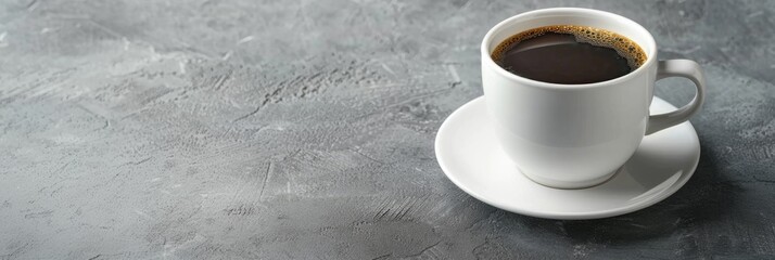 Poster - White mug with black coffee on a saucer resting on a gray table Ample space for text