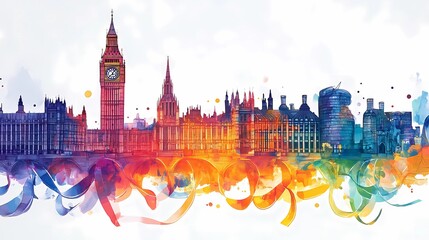 Wall Mural - bigben building with colorful ribbon art illustration