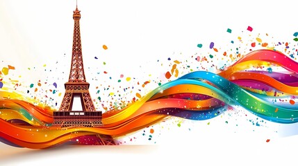 Wall Mural - Eiffel tower with colorful ribbon art illustration