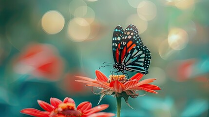 Canvas Print - Butterfly on a Red Flower with Bokeh Background