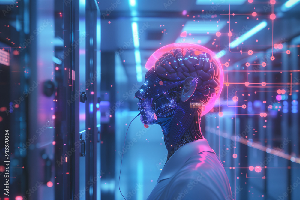 Futuristic humanoid head brain glowing with digital data and wireframe ...