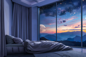 Luxury bedroom interior  with mountain theme at sunset 