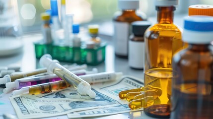 Two bottles of medication are displayed on a glass table surrounded by stacks of money, pills, and other bottles.