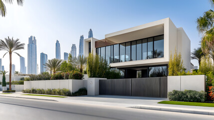 A contemporary villa showcasing the latest in modern architectural design, surrounded by lush greenery and palm trees