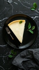 Canvas Print - Stylish Cheesecake Slice on Black Plate with Decorative Leaves and Fork. Minimalist Food Photography Perfect for Blogs and Menus. Dark Background Highlights the Dessert's Texture and Presentation. AI