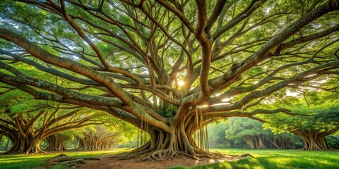 Majestic banyan tree spreading its branches in a tropical forest , Nature, Foliage, Greenery, Landscape, Tropical, Botanical, Growth