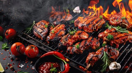 Wall Mural - Delicious grilled chicken sizzling over flames, garnished with herbs and served with fresh tomatoes and sauce, perfect for barbecues.