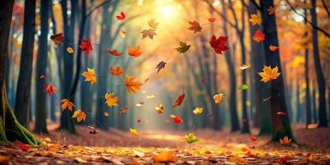 Sticker - Colorful autumn leaves falling from trees in a peaceful forest setting, autumn, fall, leaves, foliage, trees, forest, season