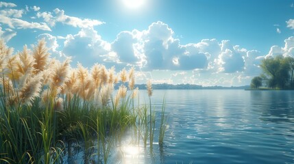 Wall Mural - serene lakeside view with soft reeds under a bright sunny sky