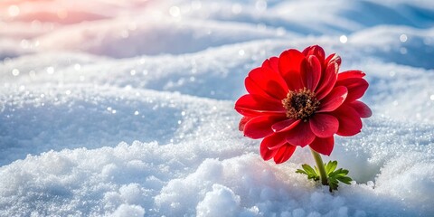 Poster - Vibrant red flower blooming brightly in the fresh snow , winter, nature, beauty, unique, contrast, cold, frost, petal, plant