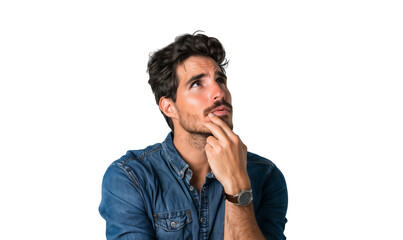 Wall Mural - Portrait of a curious man thinking and looking up with hand at chin, isolated on transparent background
