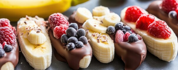 Closeup of frozen chocolatedipped banana halves with a variety of fruit toppings, healthy snack concept