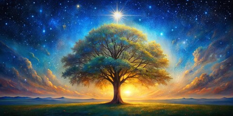 Wall Mural - Oil painting of a majestic star tree on canvas, star, tree, oil painting, canvas, art, celestial, night sky, fantasy, magical