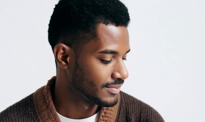 Wall Mural - Portrait of a Filipino man in his 30s wearing a chic cardigan against a white background