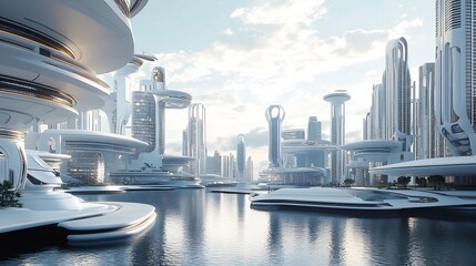 Wall Mural - Futuristic Cityscape with Waterway