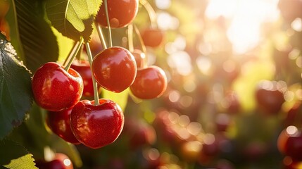 Poster - Closeup of red fresh cherries ready for harvest, bathed in sunlight, highlighting their juiciness and ripeness.