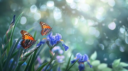 Two Butterflies Perched on a Blue Iris Flower in a Garden