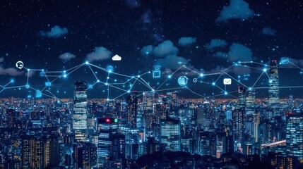 Nighttime Cityscape with Connected Digital Icons and Starry Sky
