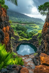 Wall Mural - A serene landscape of a volcanic crater with a small lake at the bottom, framed by unique geological structures and lush greenery