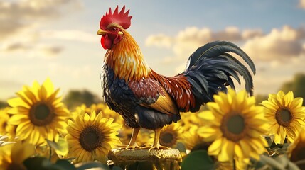 Canvas Print - Rooster in a Field of Sunflowers