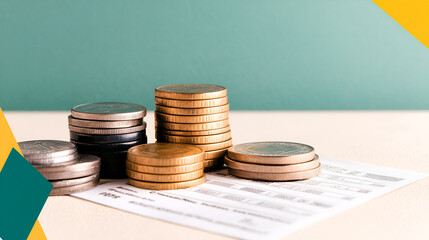 Wall Mural - Stacks of Coins on a Payment Slip -  Financial Success and Stability