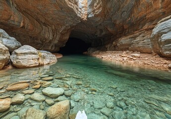 Sticker - A serene underground river flowing through a vast cavern, with crystal clear water reflecting the rock formations above