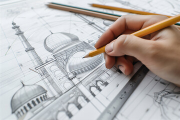 architect drawing a mosque blueprint on white paper with pencil