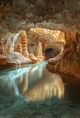 Sticker - A tranquil scene of an underground river gently flowing past stalactites and stalagmites, with reflections dancing on the water surface