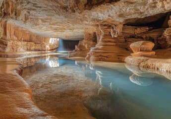 Sticker - A tranquil scene of an underground river gently flowing past stalactites and stalagmites, with reflections dancing on the water surface