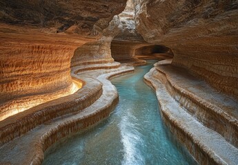 Sticker - A winding subterranean river carving its way through a series of chambers, showcasing the intricate patterns and textures of the cave walls