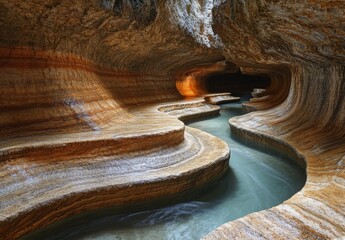 Sticker - A winding subterranean river carving its way through a series of chambers, showcasing the intricate patterns and textures of the cave walls