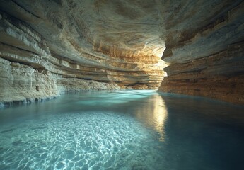 Sticker - An expansive cave with a subterranean river running through it, the water surface shimmering under the dim light of the cave entrance